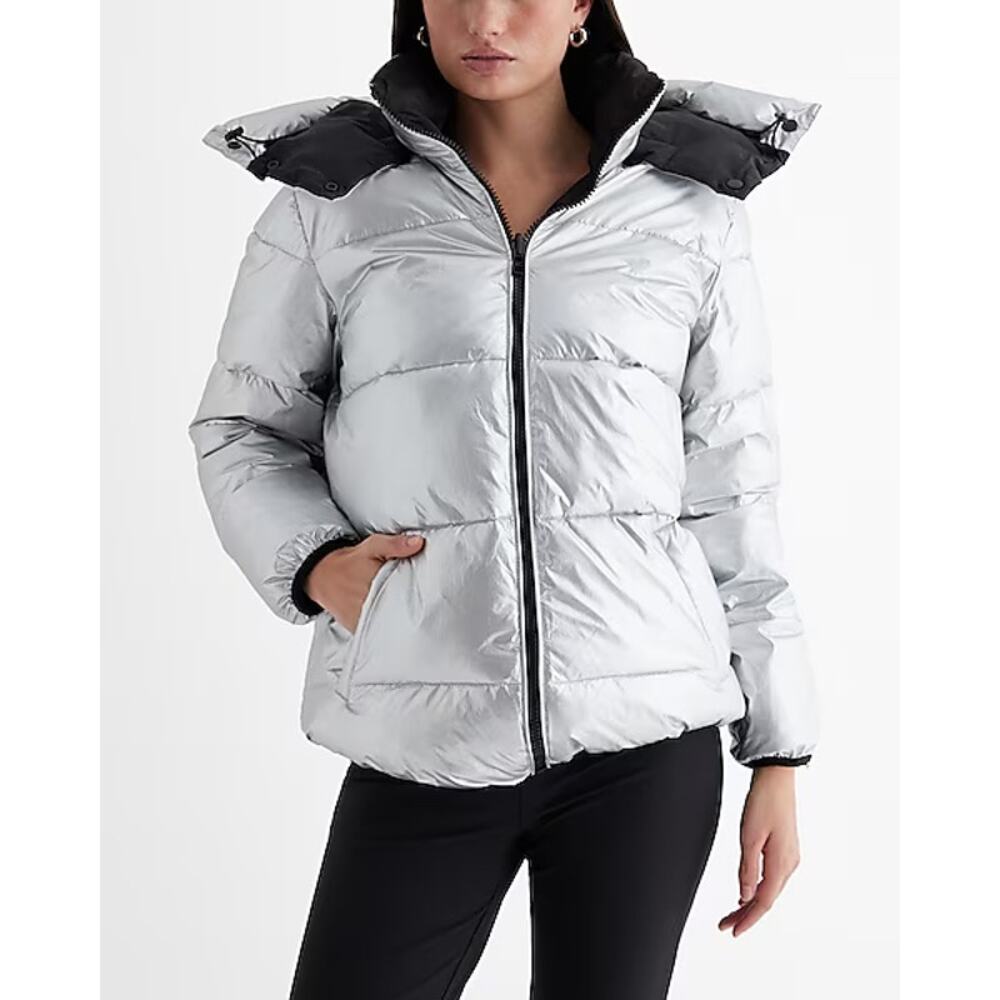Express NWT Metallic Silver Reversible Black Hooded Full Zip Shiny Puffer Coat